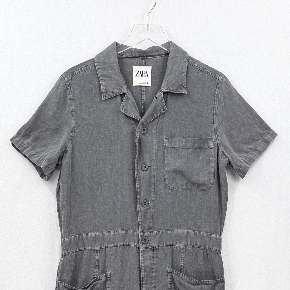 Zara Jumpsuit Women Extra Small Gray Utility 100% Linen Short Sleeve Button Up - Picture 12 of 16
